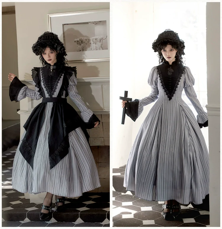 With PUJI - Nocturne SP - Striped Gothic Lolita OP Twin Lolita Dress with Apron - Image 11