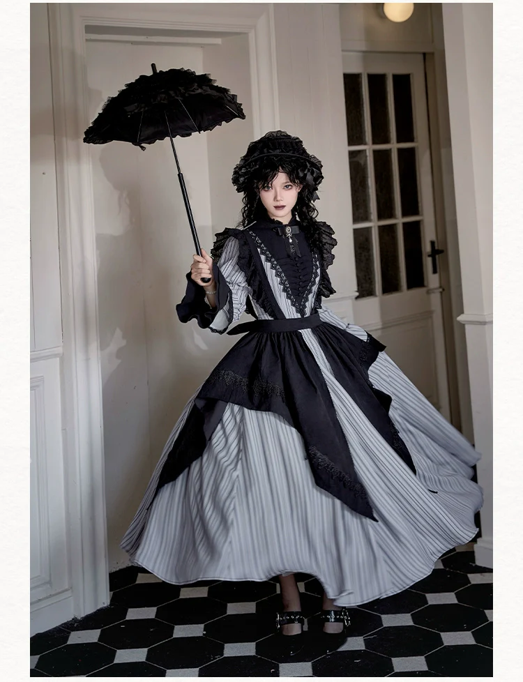 With PUJI - Nocturne SP - Striped Gothic Lolita OP Twin Lolita Dress with Apron - Image 12