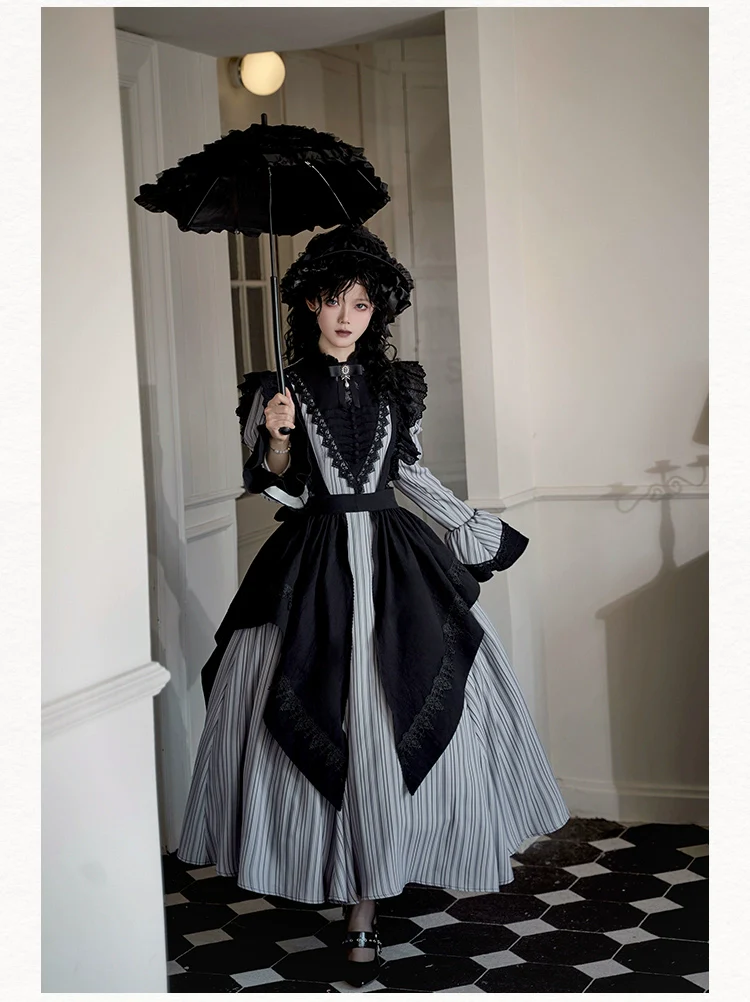 With PUJI - Nocturne SP - Striped Gothic Lolita OP Twin Lolita Dress with Apron - Image 13