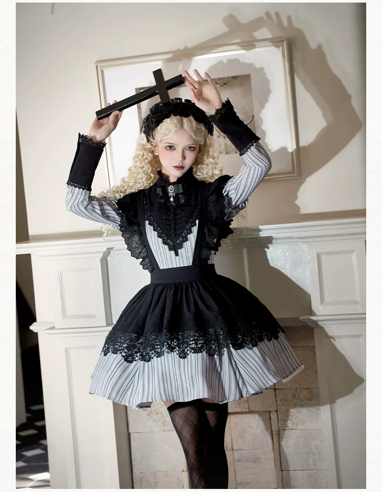 With PUJI - Nocturne SP - Striped Gothic Lolita OP Twin Lolita Dress with Apron - Image 15