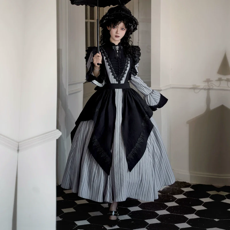 With PUJI - Nocturne SP - Striped Gothic Lolita OP Twin Lolita Dress with Apron - Image 17