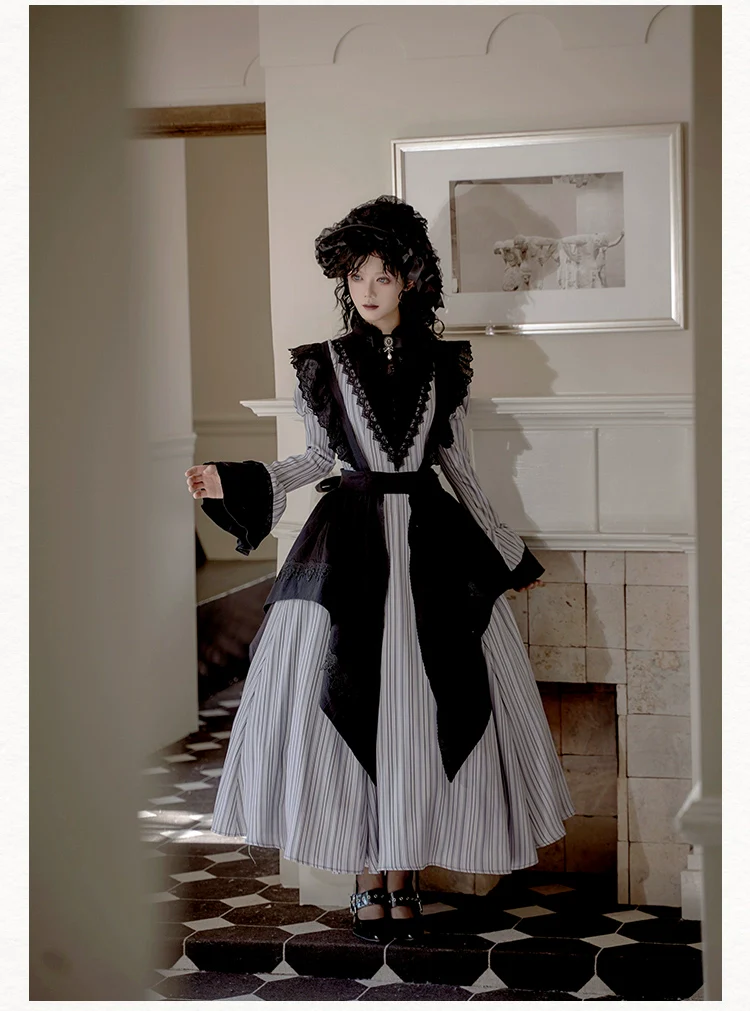 With PUJI - Nocturne SP - Striped Gothic Lolita OP Twin Lolita Dress with Apron - Image 18