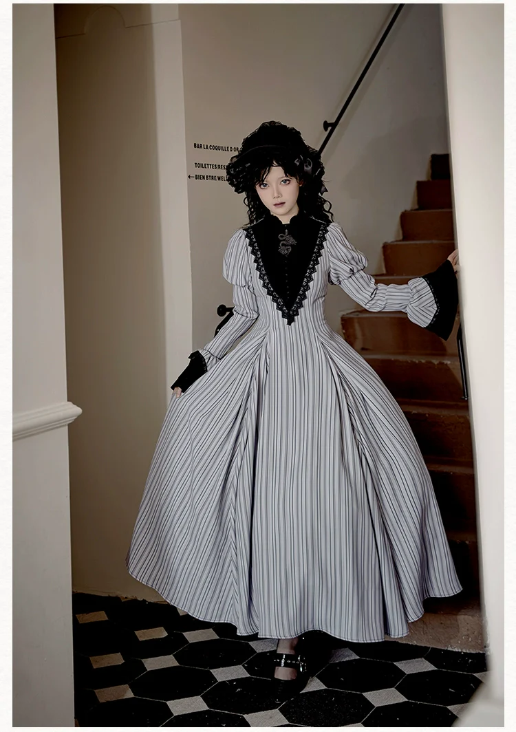 With PUJI - Nocturne SP - Striped Gothic Lolita OP Twin Lolita Dress with Apron - Image 19