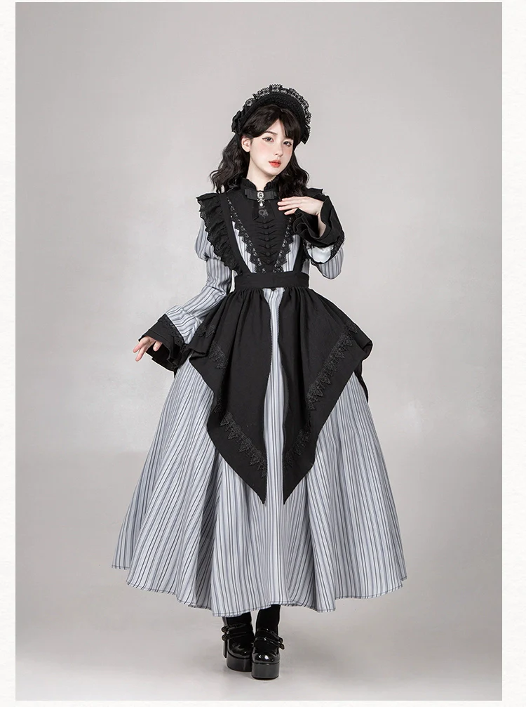With PUJI - Nocturne SP - Striped Gothic Lolita OP Twin Lolita Dress with Apron - Image 22