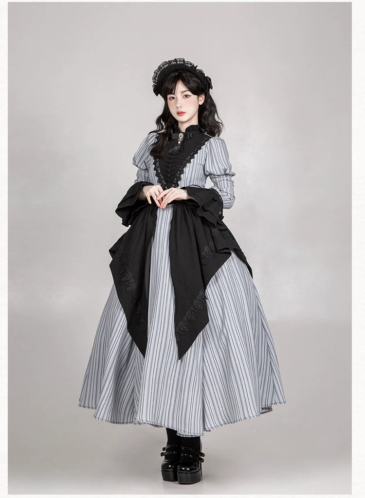 With PUJI - Nocturne SP - Striped Gothic Lolita OP Twin Lolita Dress with Apron - Image 23