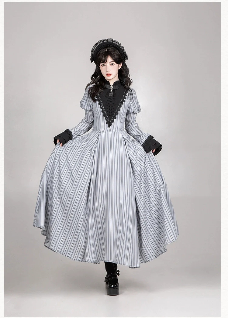 With PUJI - Nocturne SP - Striped Gothic Lolita OP Twin Lolita Dress with Apron - Image 25