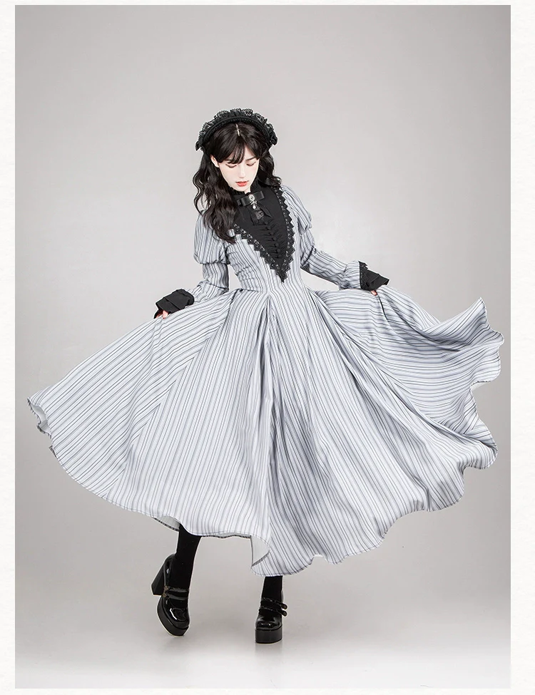 With PUJI - Nocturne SP - Striped Gothic Lolita OP Twin Lolita Dress with Apron - Image 26