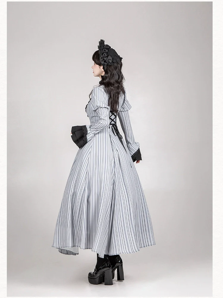 With PUJI - Nocturne SP - Striped Gothic Lolita OP Twin Lolita Dress with Apron - Image 27