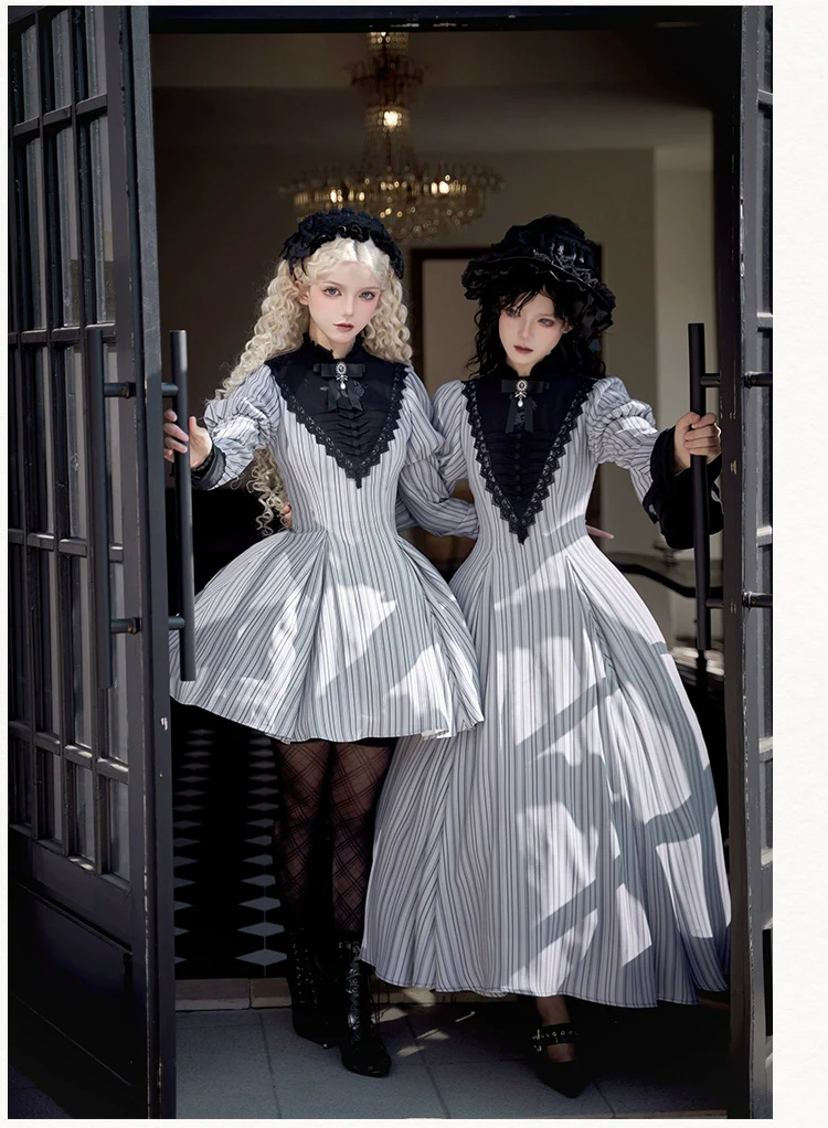 With PUJI - Nocturne SP - Striped Gothic Lolita OP Twin Lolita Dress with Apron - Image 8