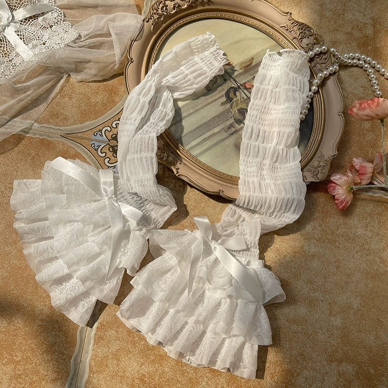 Sweet Lolita Calf Socks Ruffled Mesh Lace Bow Socks - Image 6