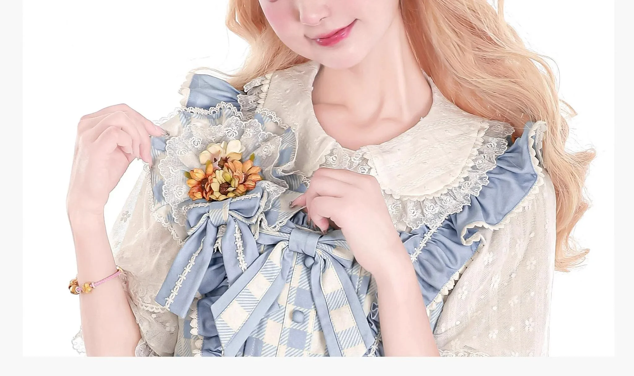 Chaton Jardin - Sunny Cat - Sweet Lolita Cat Ear KC Plaid Flower Ball Brooch - Image 3