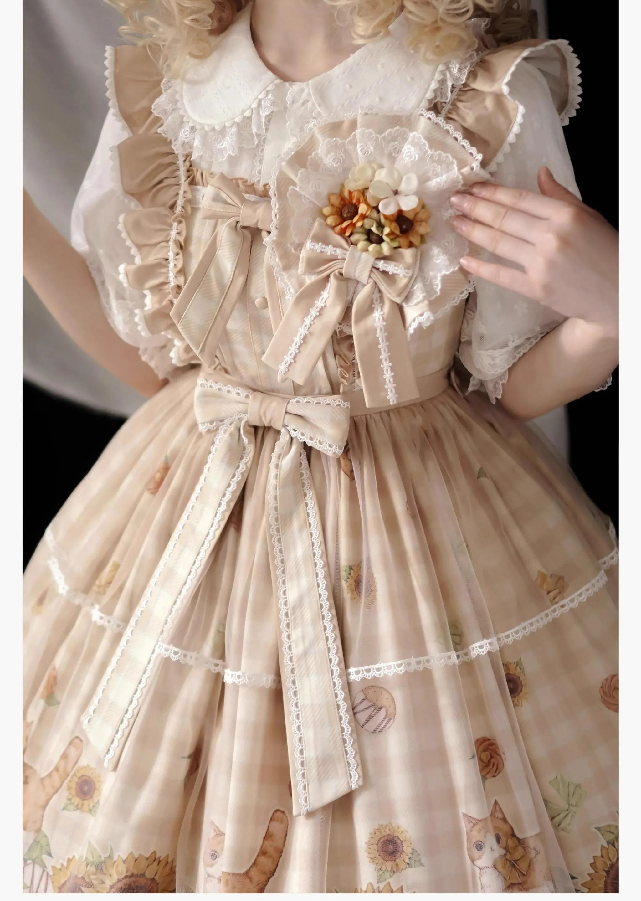Chaton Jardin - Sunny Cat - Sweet Lolita Cat Ear KC Plaid Flower Ball Brooch - Image 4