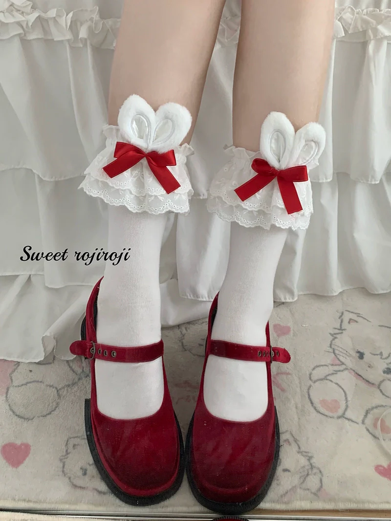 Sweet Lolita Cotton Socks, Bunny Ear & Ribbon Bow - Image 10