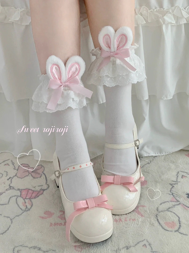 Sweet Lolita Cotton Socks, Bunny Ear & Ribbon Bow - Image 7