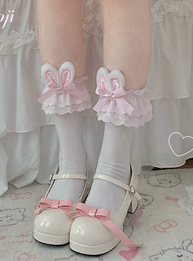 Sweet Lolita Cotton Socks, Bunny Ear & Ribbon Bow - Image 8