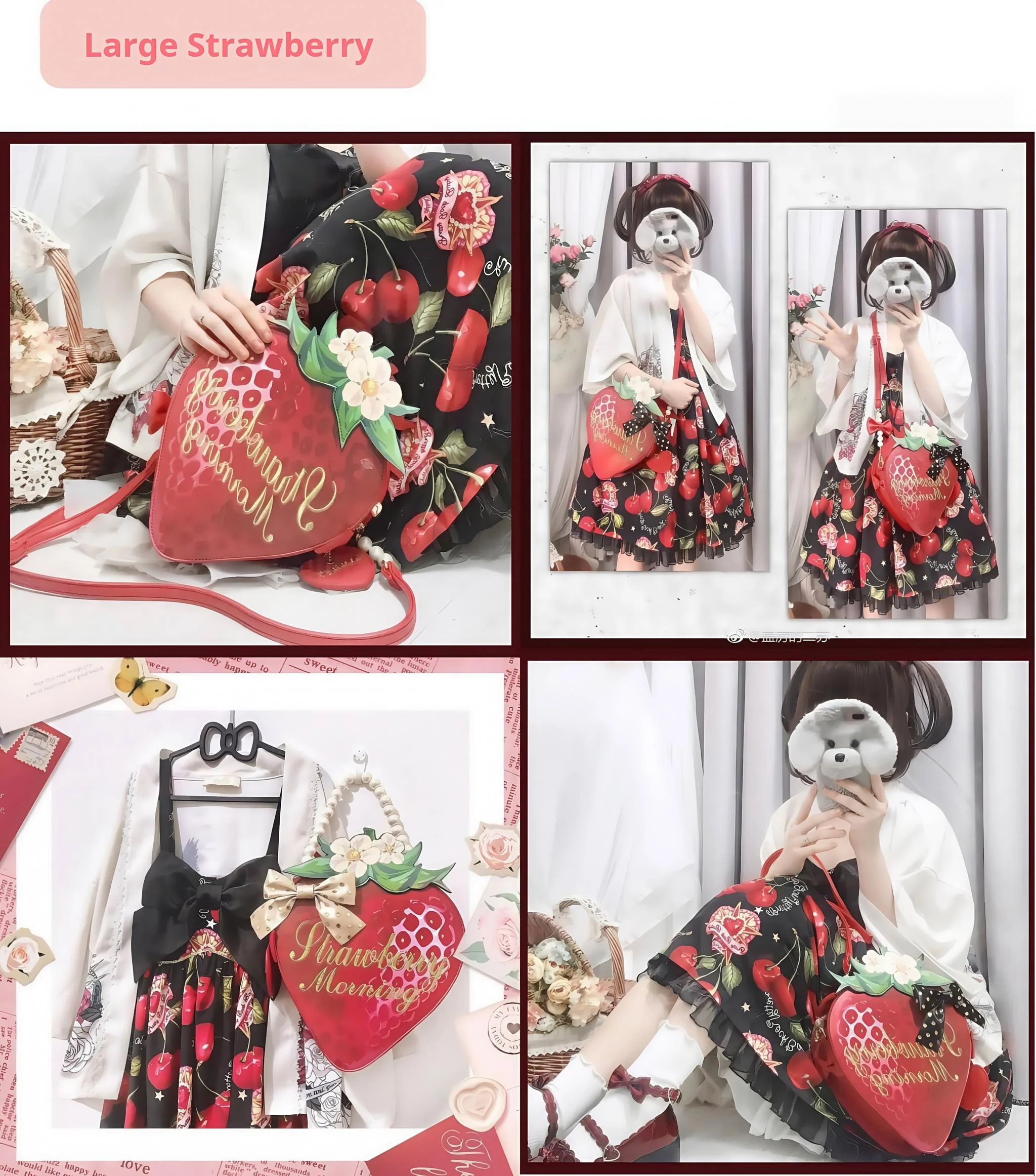 Morning Glory - A Strawberry - Sweet Lolita Crossbody Bag Strawberry Printed Handbag - Image 11
