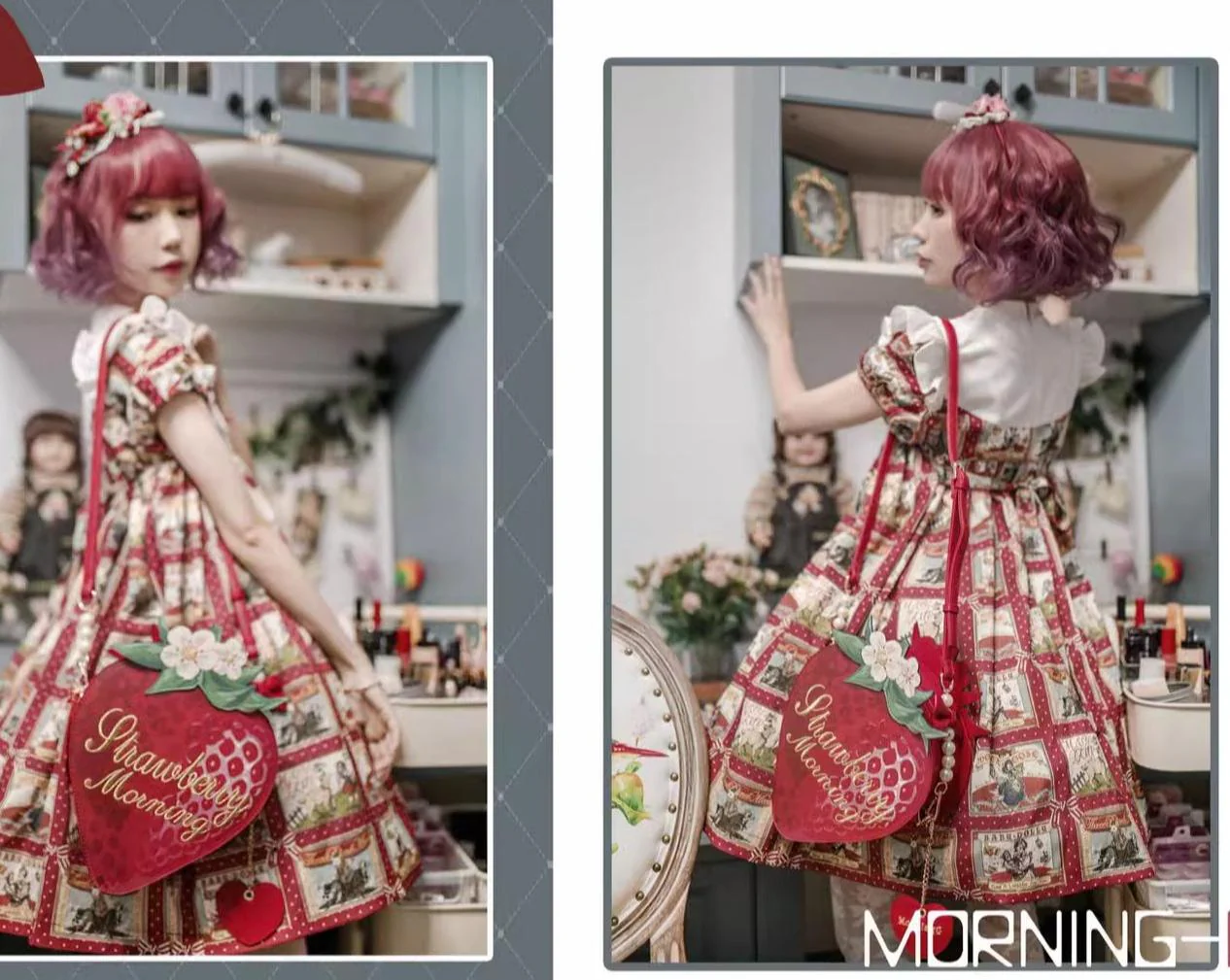 Morning Glory - A Strawberry - Sweet Lolita Crossbody Bag Strawberry Printed Handbag - Image 13