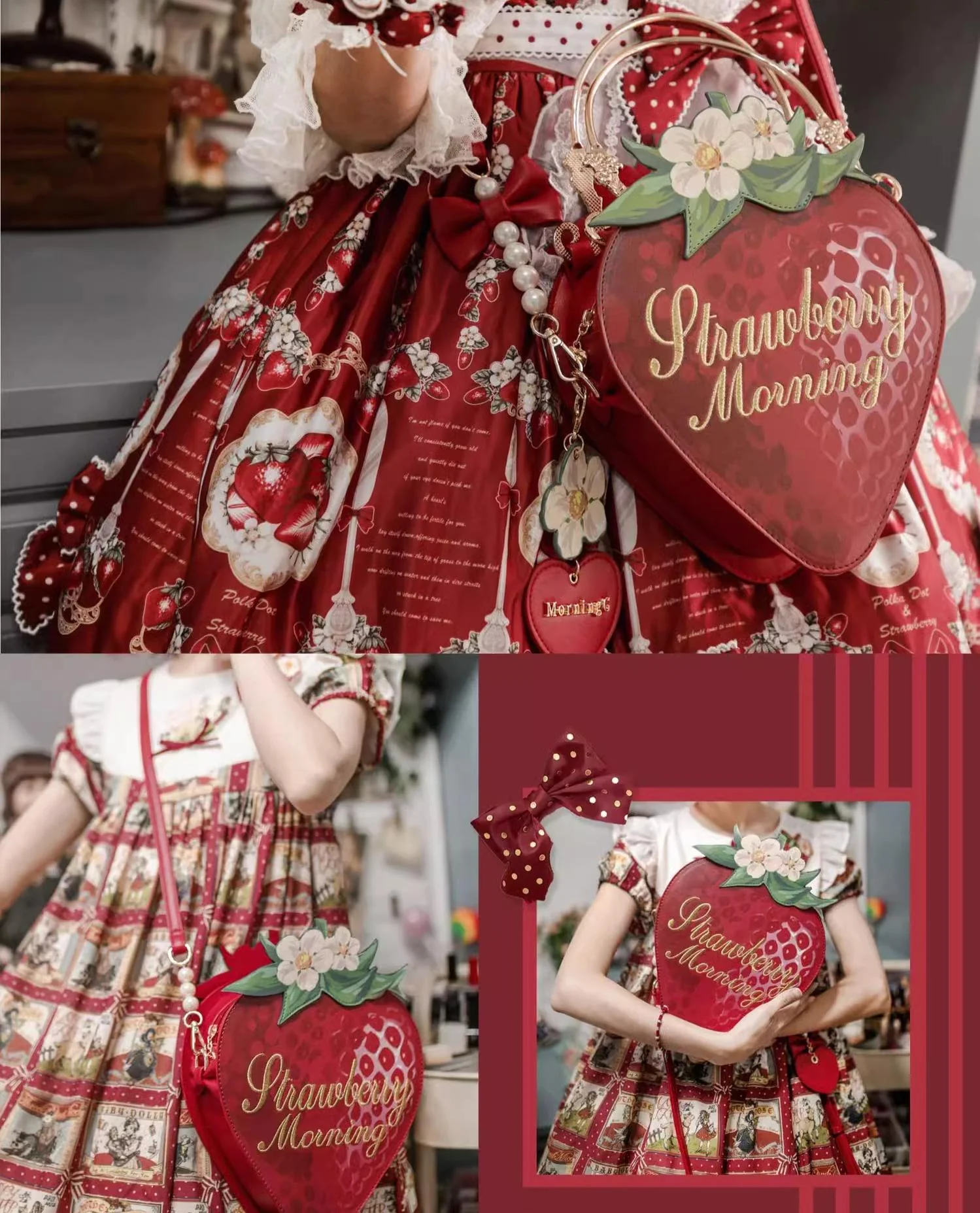Morning Glory - A Strawberry - Sweet Lolita Crossbody Bag Strawberry Printed Handbag - Image 14