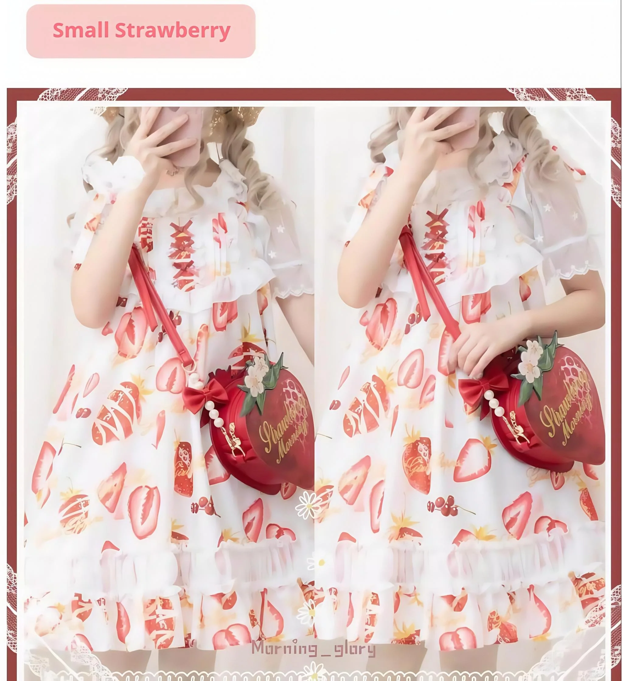 Morning Glory - A Strawberry - Sweet Lolita Crossbody Bag Strawberry Printed Handbag - Image 8