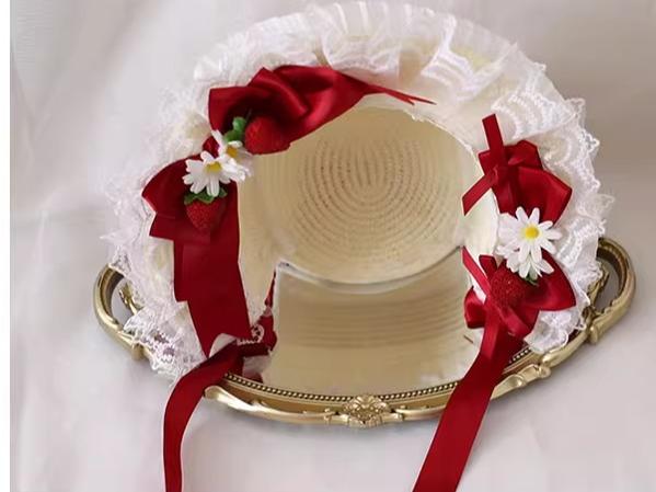 Xiaogui - Sweet Lolita Hat Strawberry Bonnet with Lace and Bow - Image 12