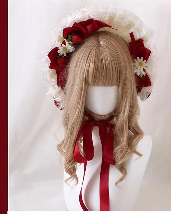 Xiaogui - Sweet Lolita Hat Strawberry Bonnet with Lace and Bow - Image 2