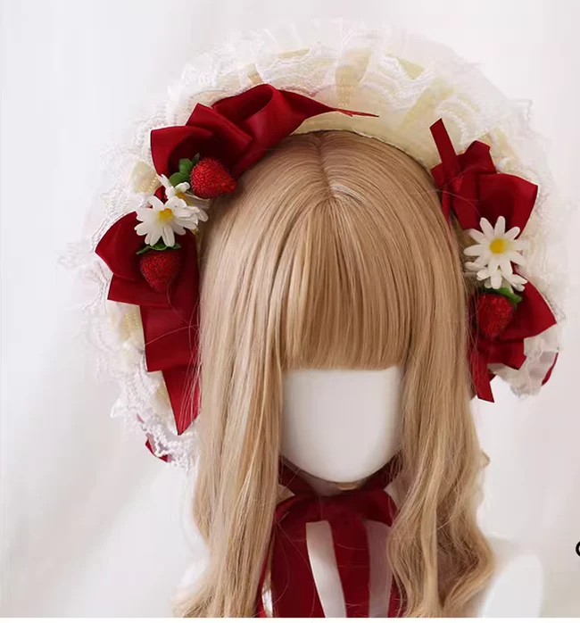 Xiaogui - Sweet Lolita Hat Strawberry Bonnet with Lace and Bow - Image 3