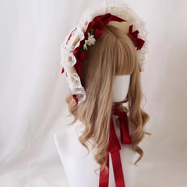 Xiaogui - Sweet Lolita Hat Strawberry Bonnet with Lace and Bow - Image 4