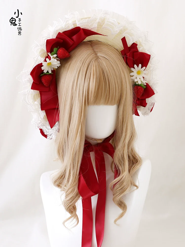 Xiaogui - Sweet Lolita Hat Strawberry Bonnet with Lace and Bow - Image 5