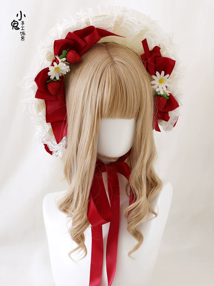 Xiaogui - Sweet Lolita Hat Strawberry Bonnet with Lace and Bow - Image 6