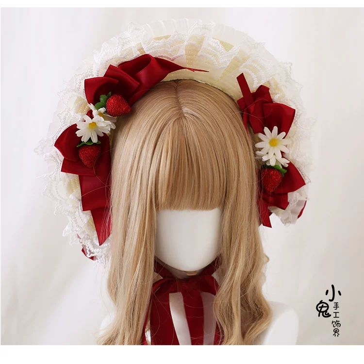 Xiaogui - Sweet Lolita Hat Strawberry Bonnet with Lace and Bow - Image 7