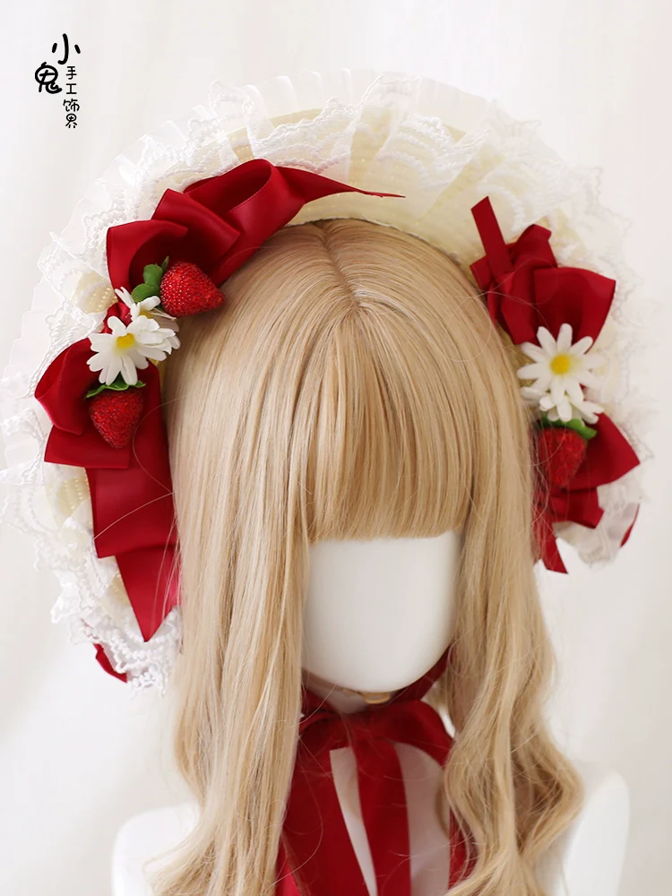Xiaogui - Sweet Lolita Hat Strawberry Bonnet with Lace and Bow - Image 8
