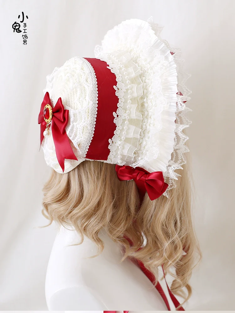 Xiaogui - Sweet Lolita Hat Strawberry Bonnet with Lace and Bow - Image 9