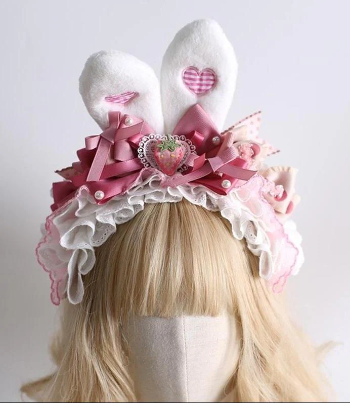 Xiaogui - Sweet Lolita Headdress Pink White Bunny Ear Hair Accessory - Image 4