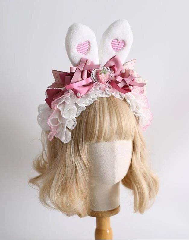 Xiaogui - Sweet Lolita Headdress Pink White Bunny Ear Hair Accessory - Image 7