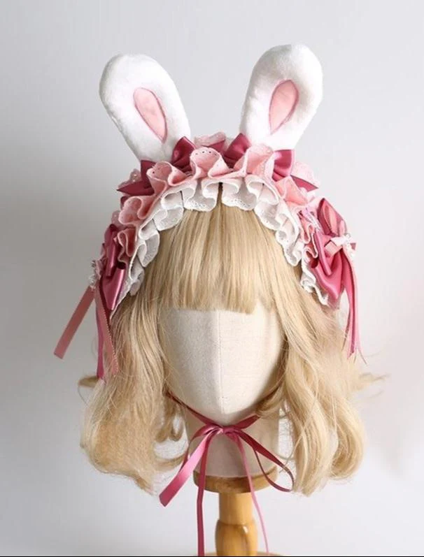 Xiaogui - Sweet Lolita Headdress Pink White Bunny Ear Hair Accessory - Image 8