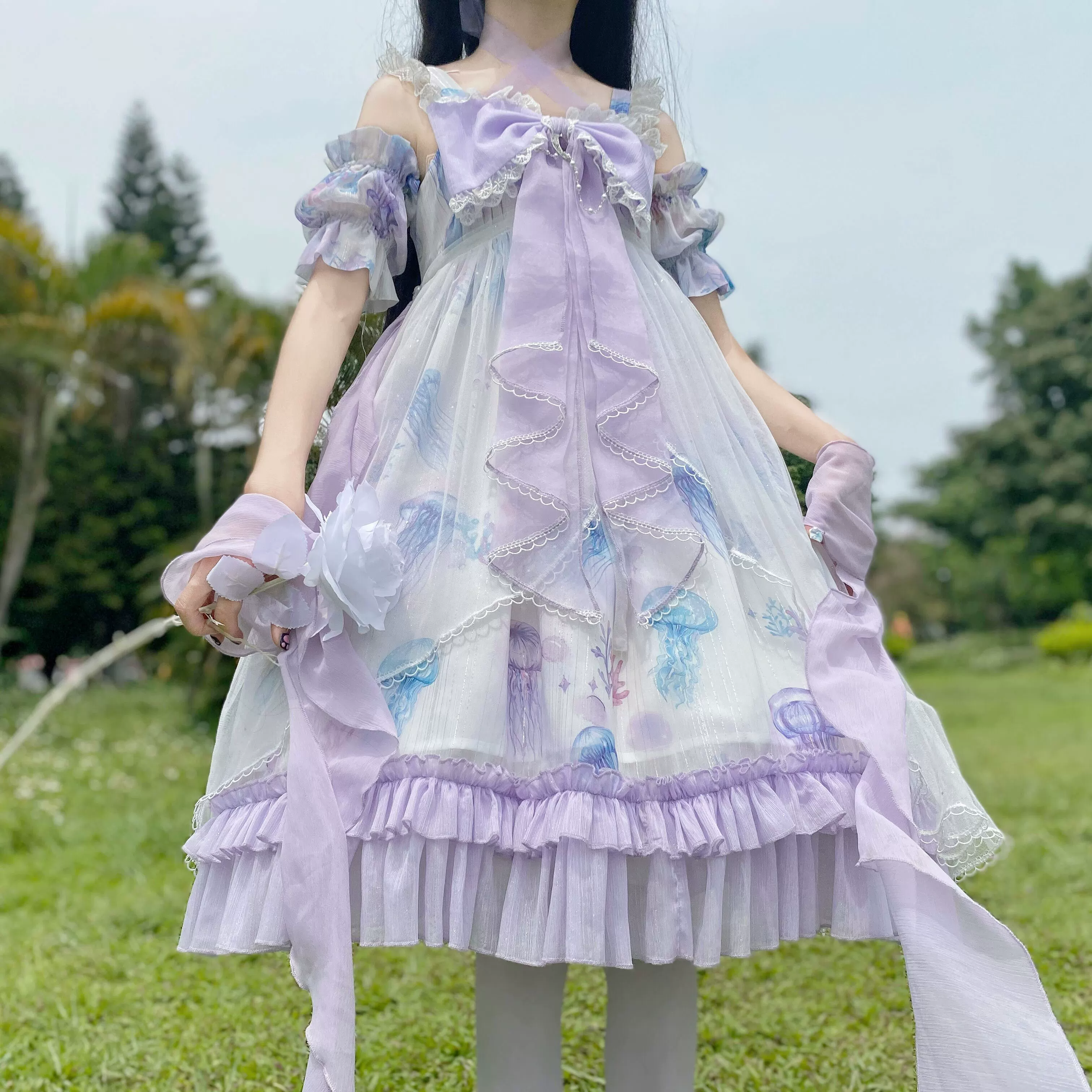 Coral Jellyfish - Sweet Lolita High-waist JSK Dress, Jellyfish & Coral Print - Image 10