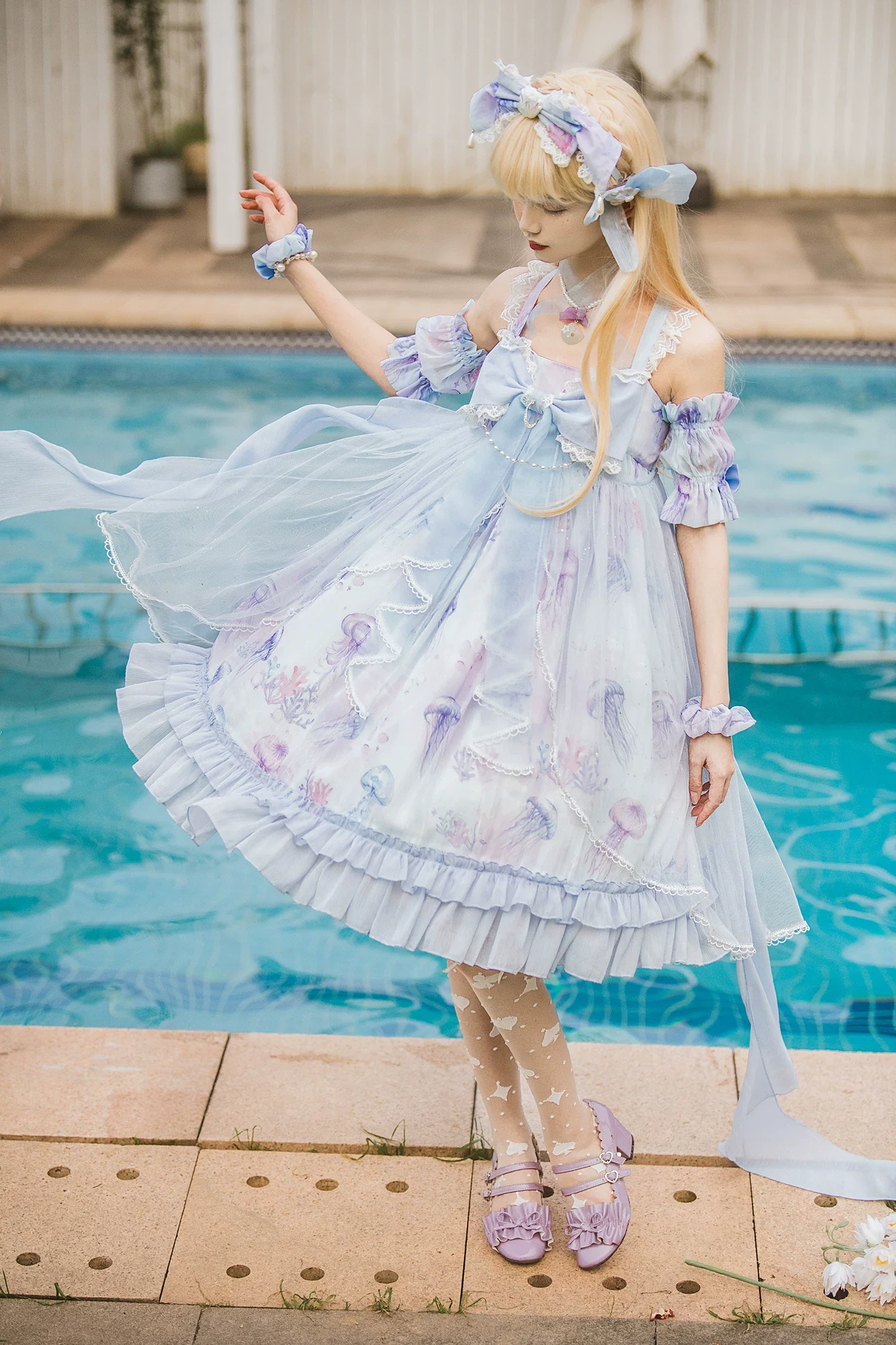 Coral Jellyfish - Sweet Lolita High-waist JSK Dress, Jellyfish & Coral Print - Image 11