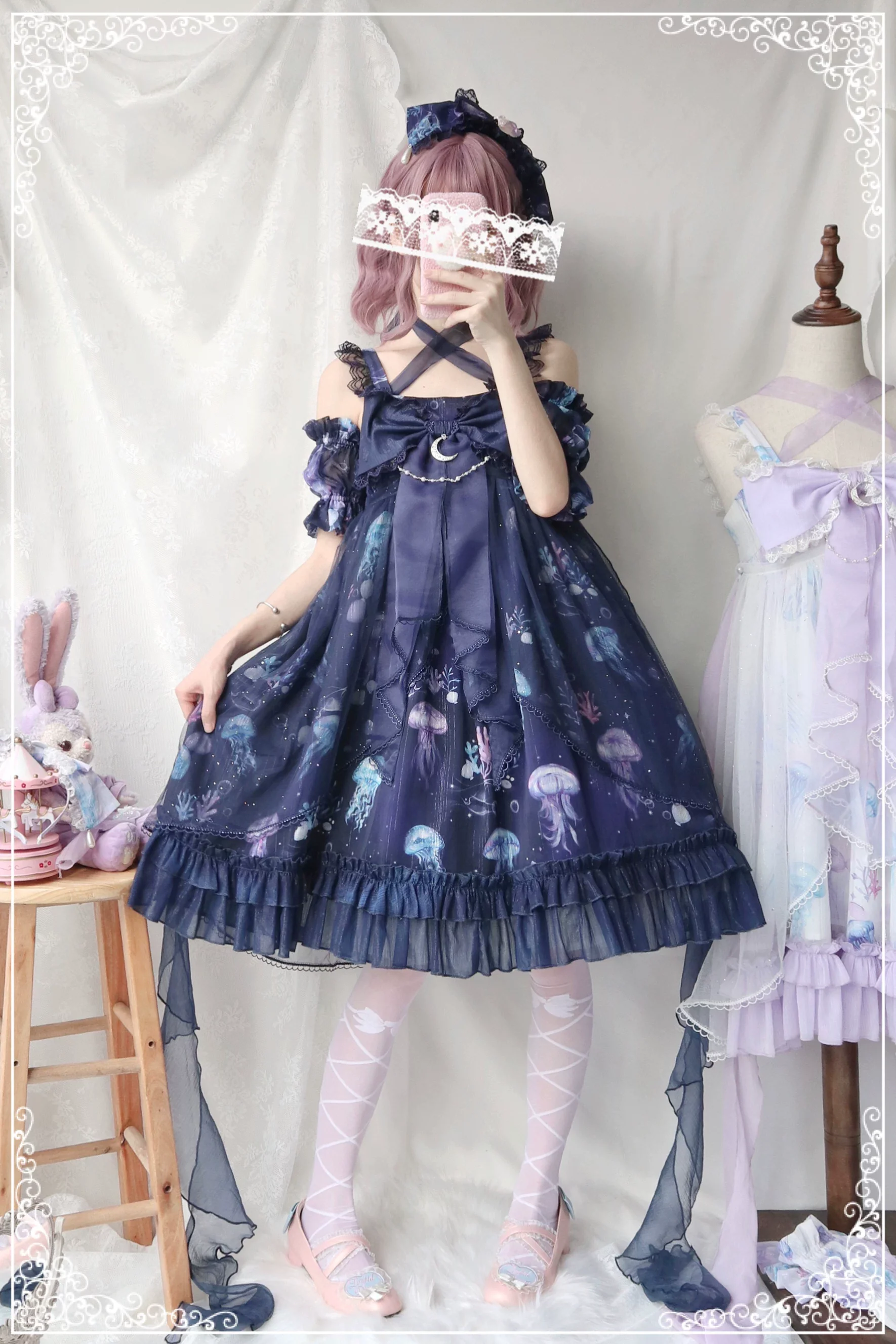 Coral Jellyfish - Sweet Lolita High-waist JSK Dress, Jellyfish & Coral Print - Image 23