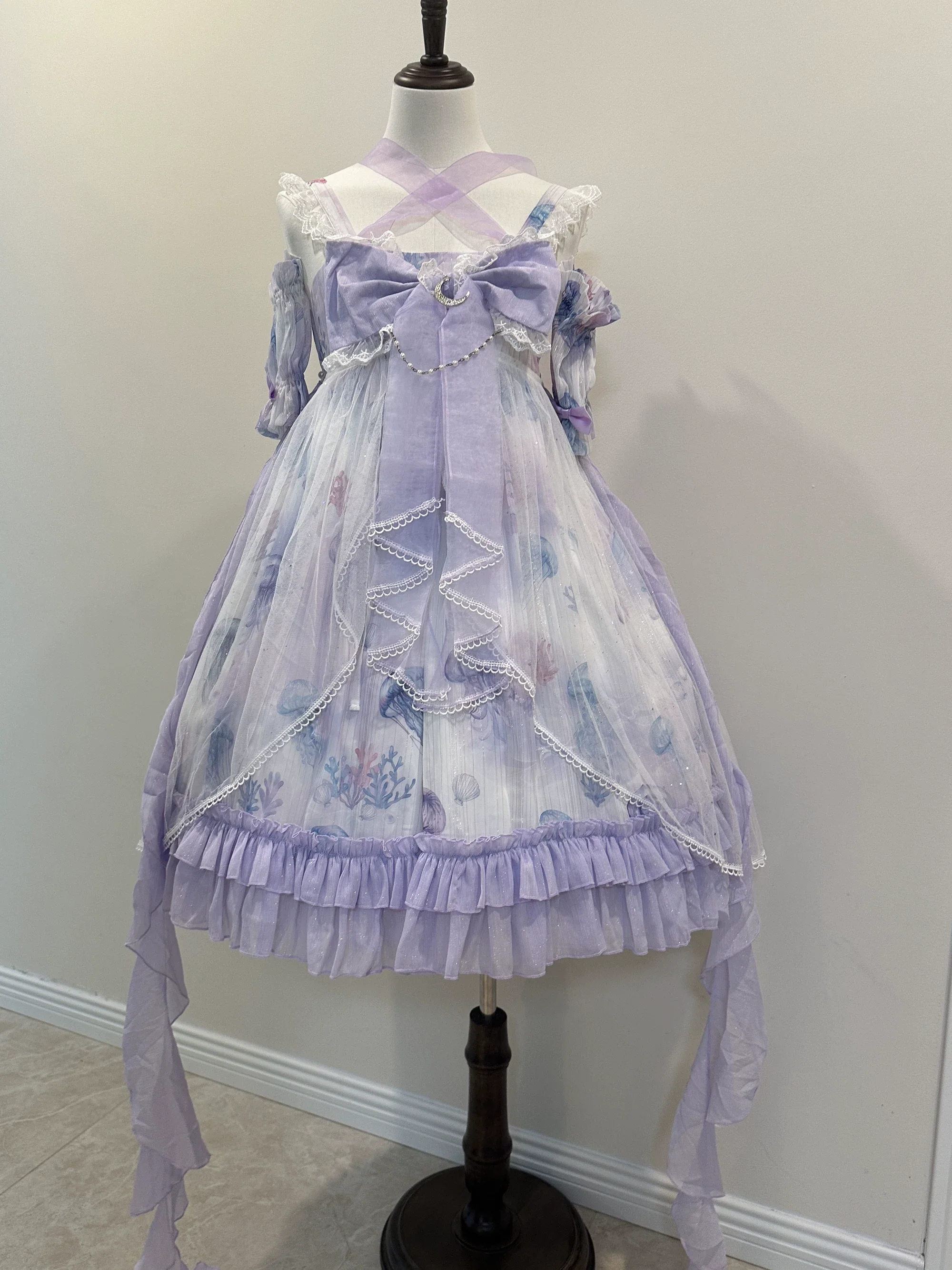 Coral Jellyfish - Sweet Lolita High-waist JSK Dress, Jellyfish & Coral Print - Image 3