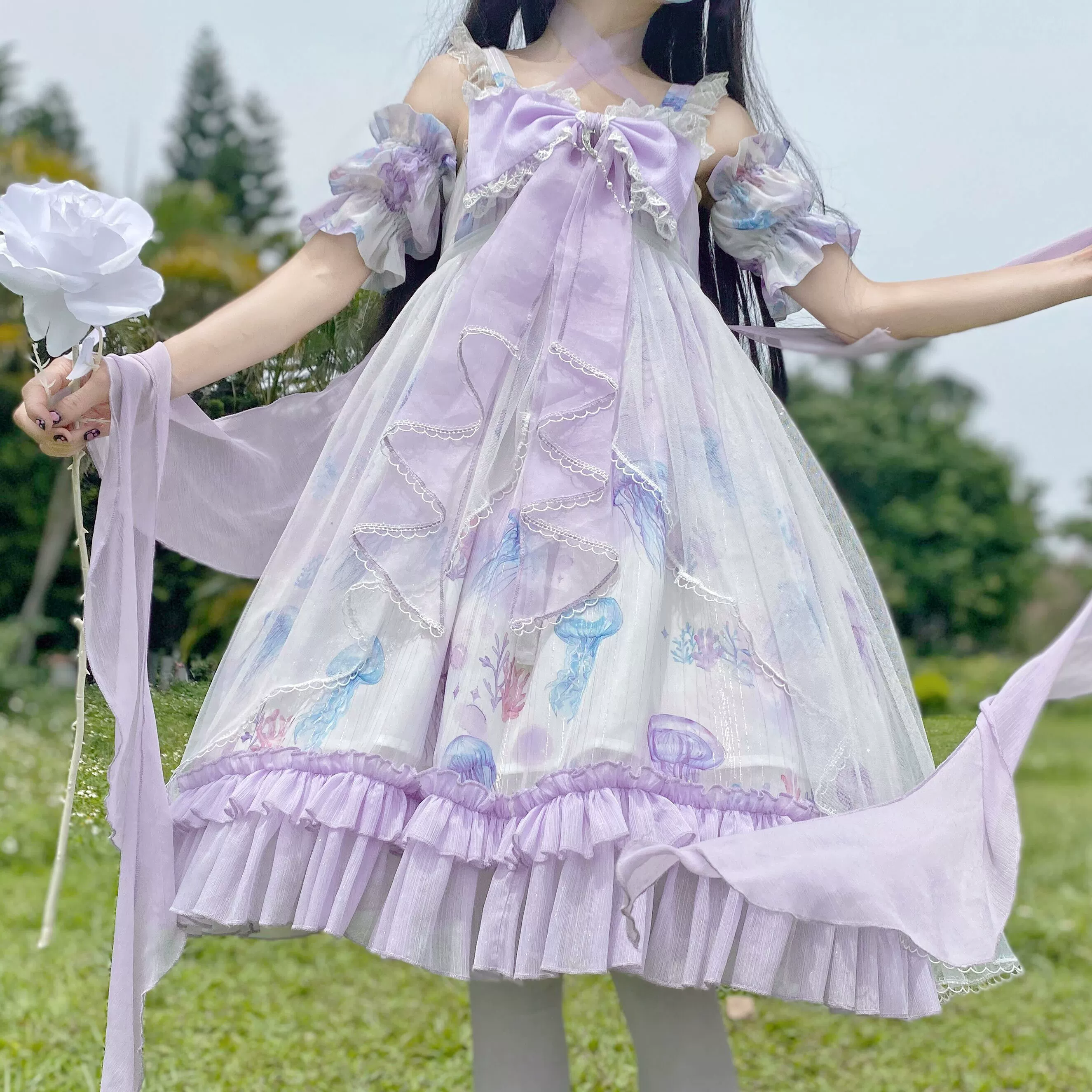 Coral Jellyfish - Sweet Lolita High-waist JSK Dress, Jellyfish & Coral Print - Image 30
