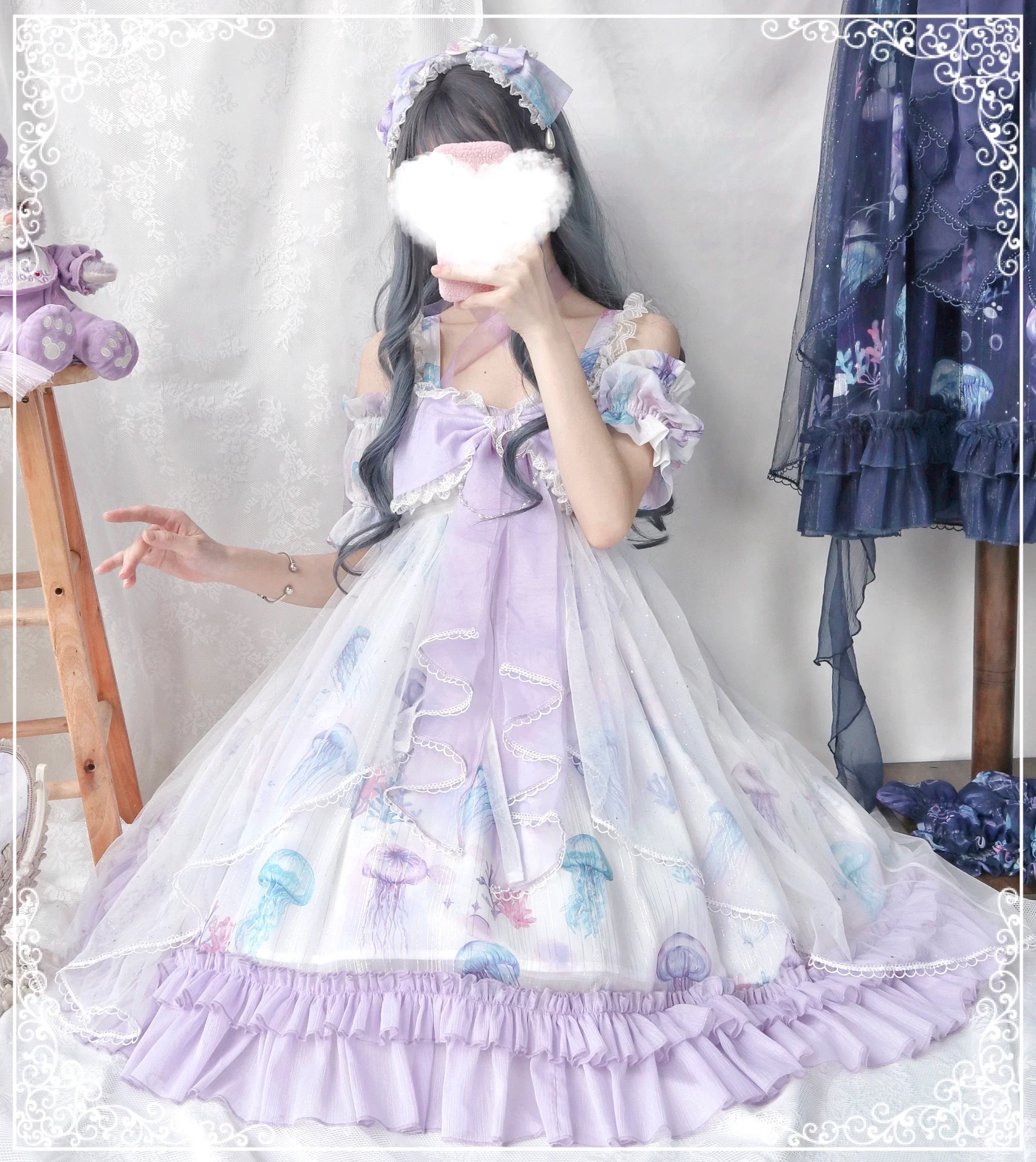 Coral Jellyfish - Sweet Lolita High-waist JSK Dress, Jellyfish & Coral Print - Image 32