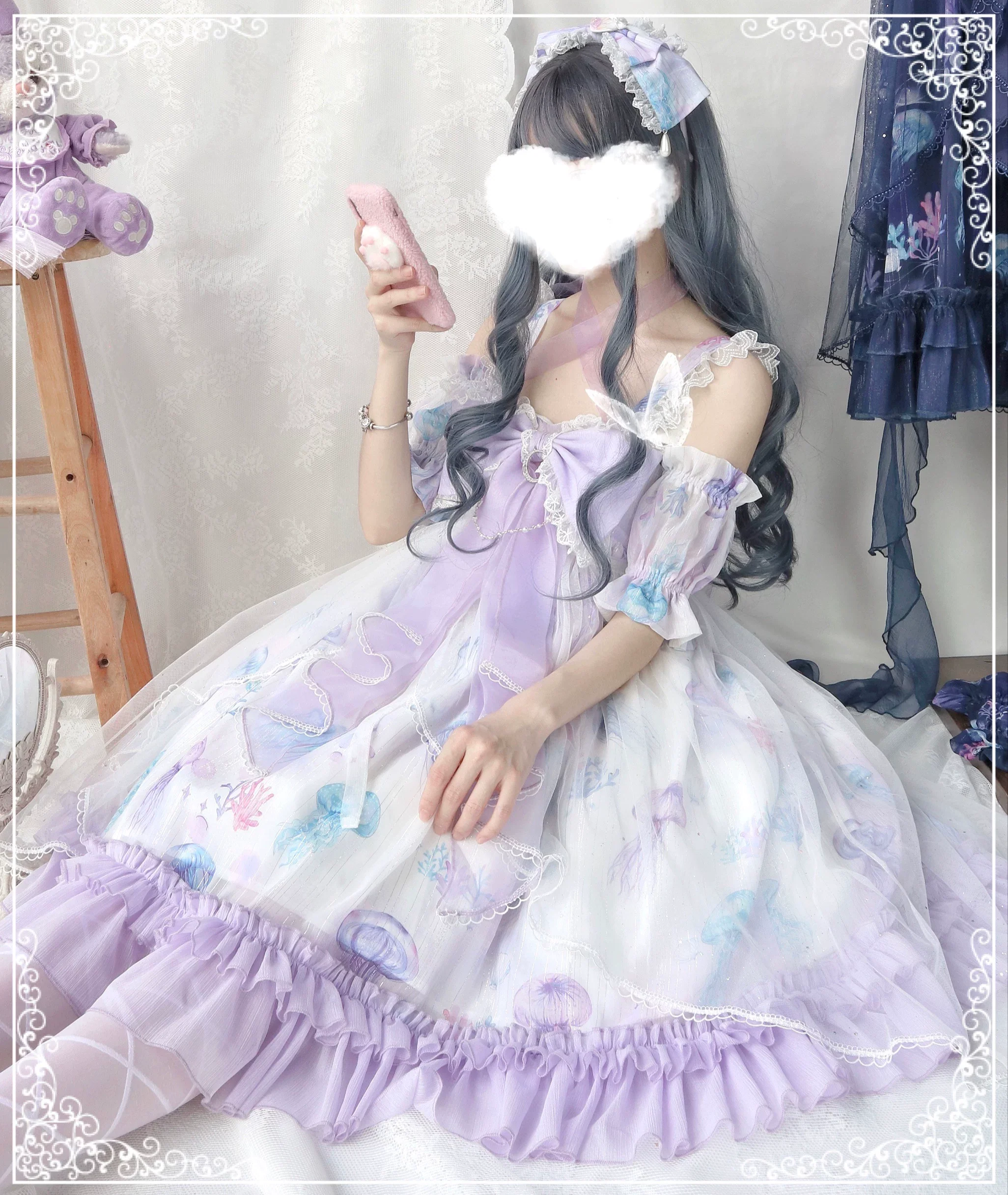 Coral Jellyfish - Sweet Lolita High-waist JSK Dress, Jellyfish & Coral Print - Image 33