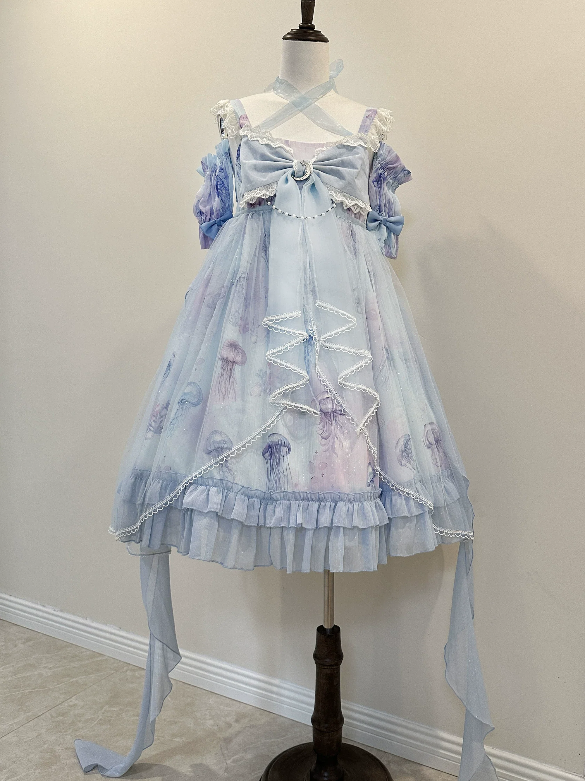 Coral Jellyfish - Sweet Lolita High-waist JSK Dress, Jellyfish & Coral Print - Image 4