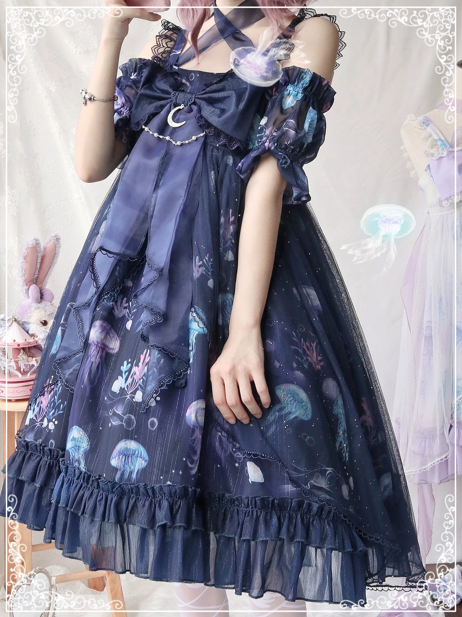 Coral Jellyfish - Sweet Lolita High-waist JSK Dress, Jellyfish & Coral Print - Image 5