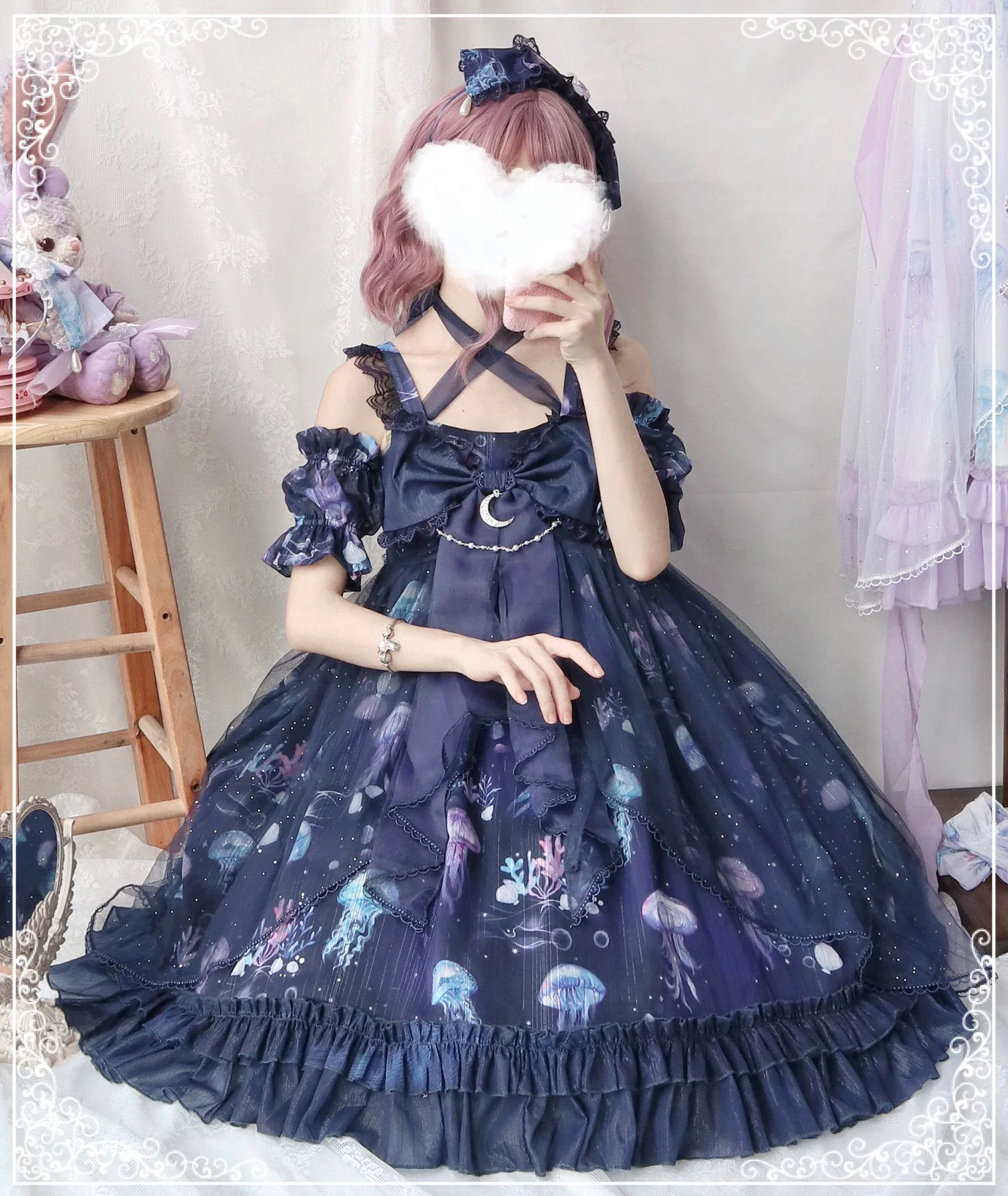 Coral Jellyfish - Sweet Lolita High-waist JSK Dress, Jellyfish & Coral Print - Image 57