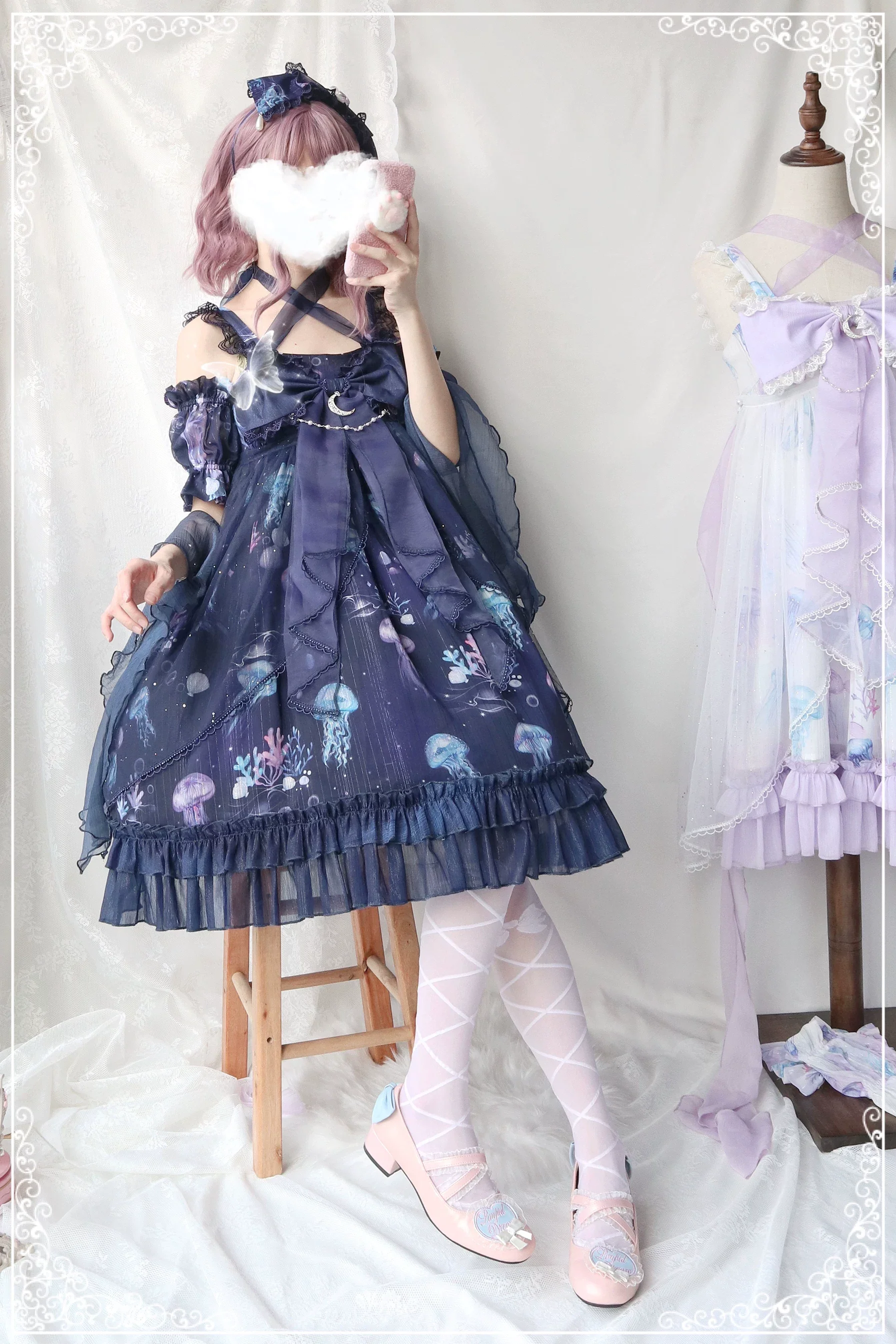 Coral Jellyfish - Sweet Lolita High-waist JSK Dress, Jellyfish & Coral Print - Image 58