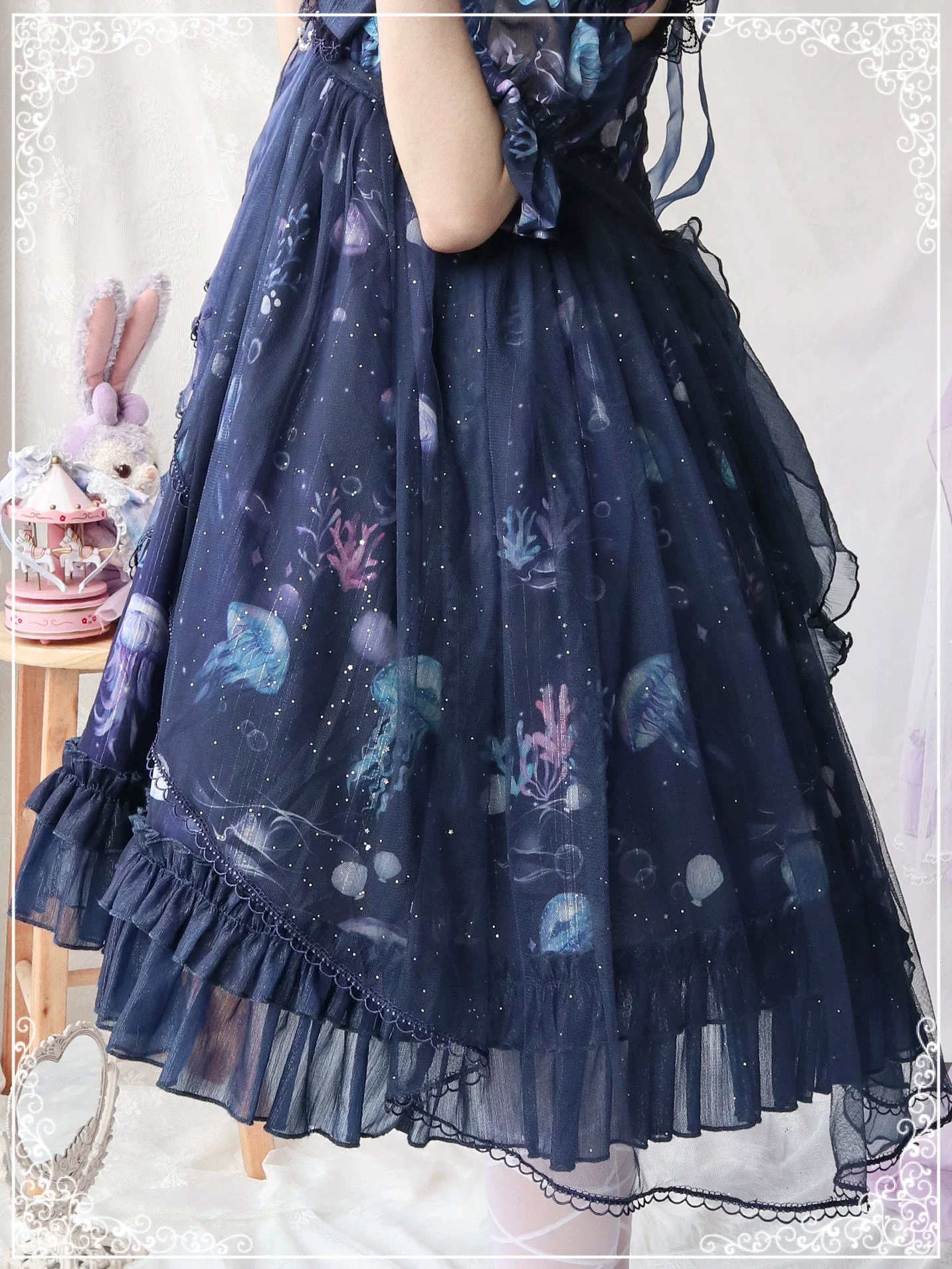 Coral Jellyfish - Sweet Lolita High-waist JSK Dress, Jellyfish & Coral Print - Image 6