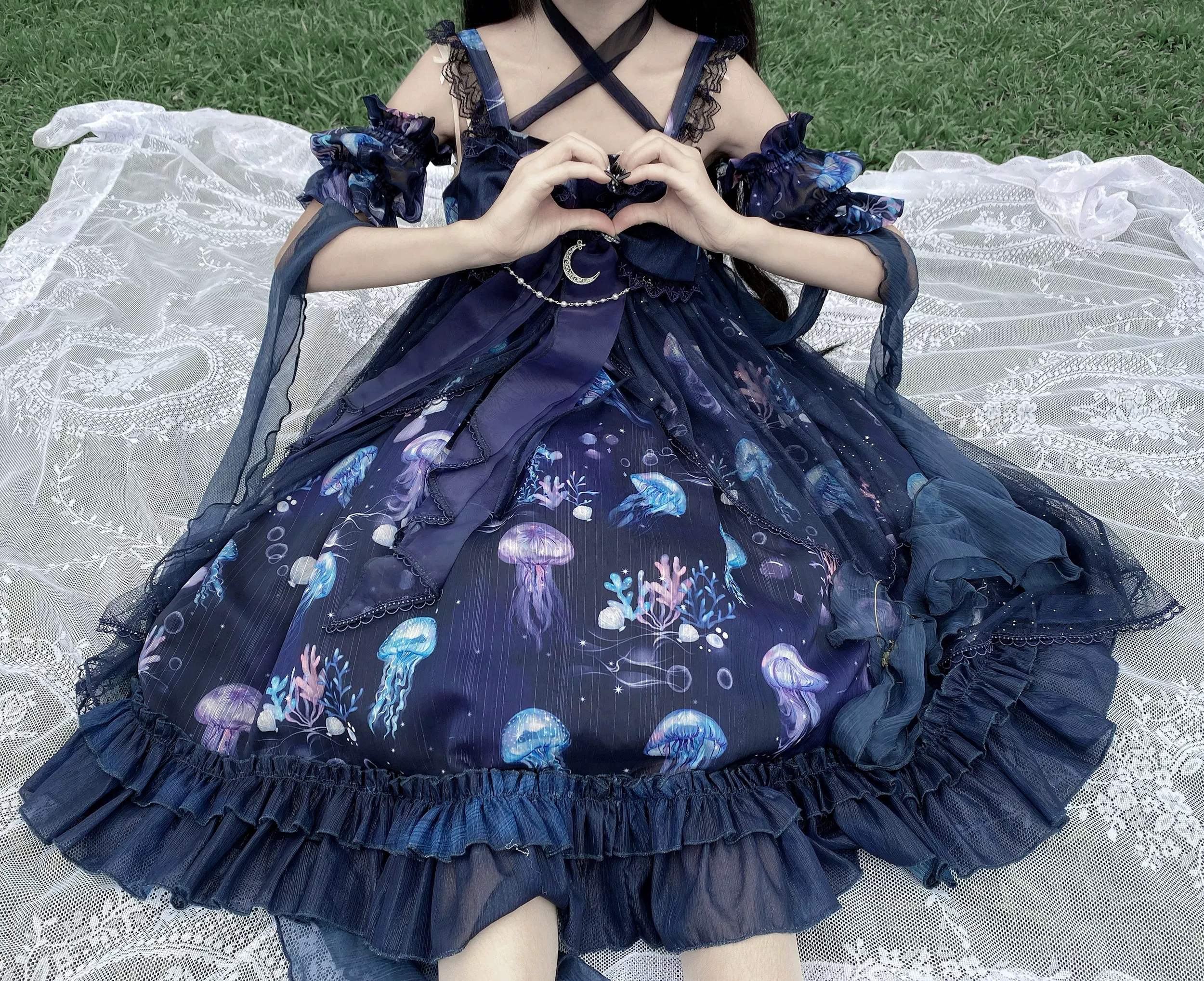 Coral Jellyfish - Sweet Lolita High-waist JSK Dress, Jellyfish & Coral Print - Image 7