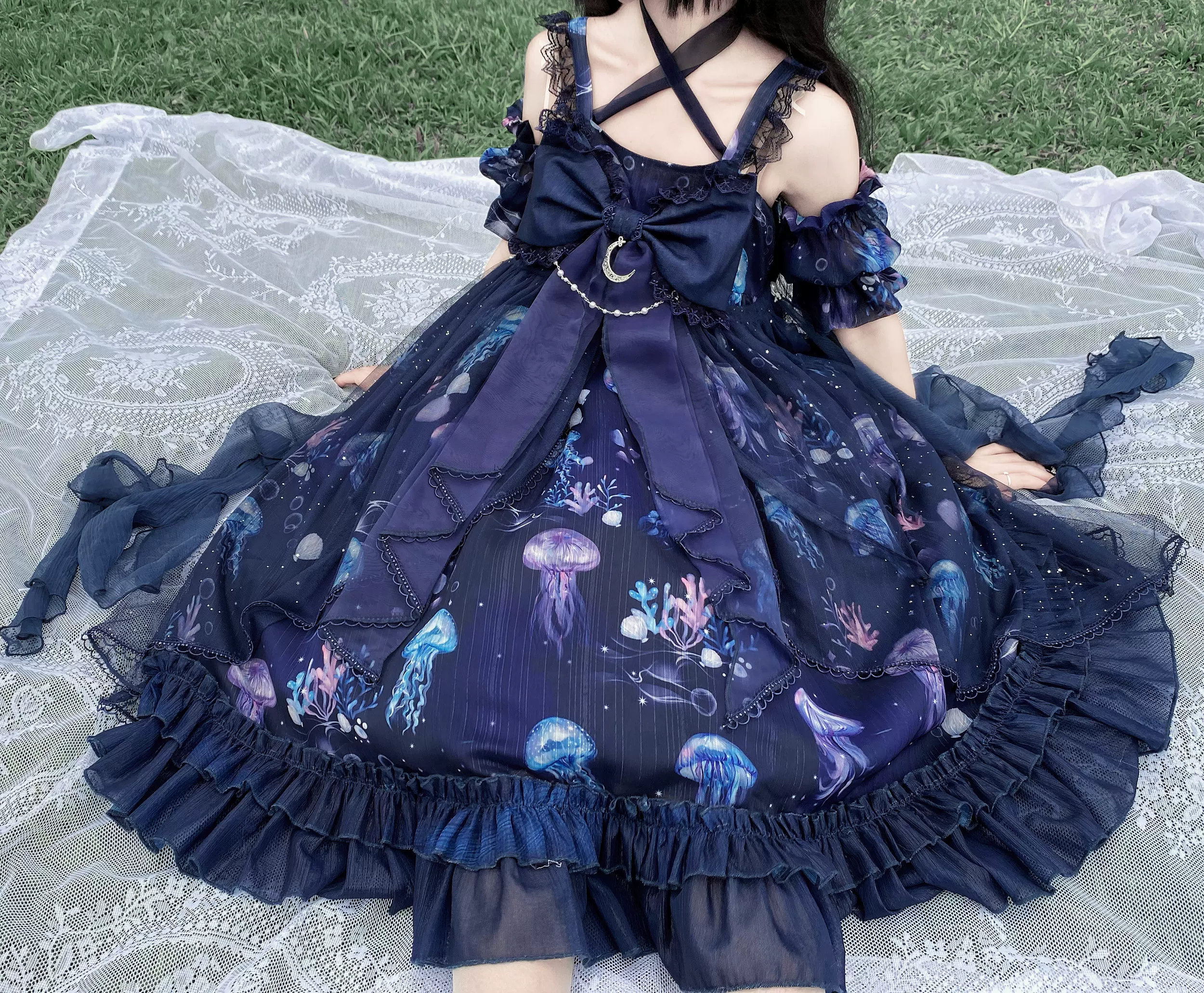 Coral Jellyfish - Sweet Lolita High-waist JSK Dress, Jellyfish & Coral Print - Image 8