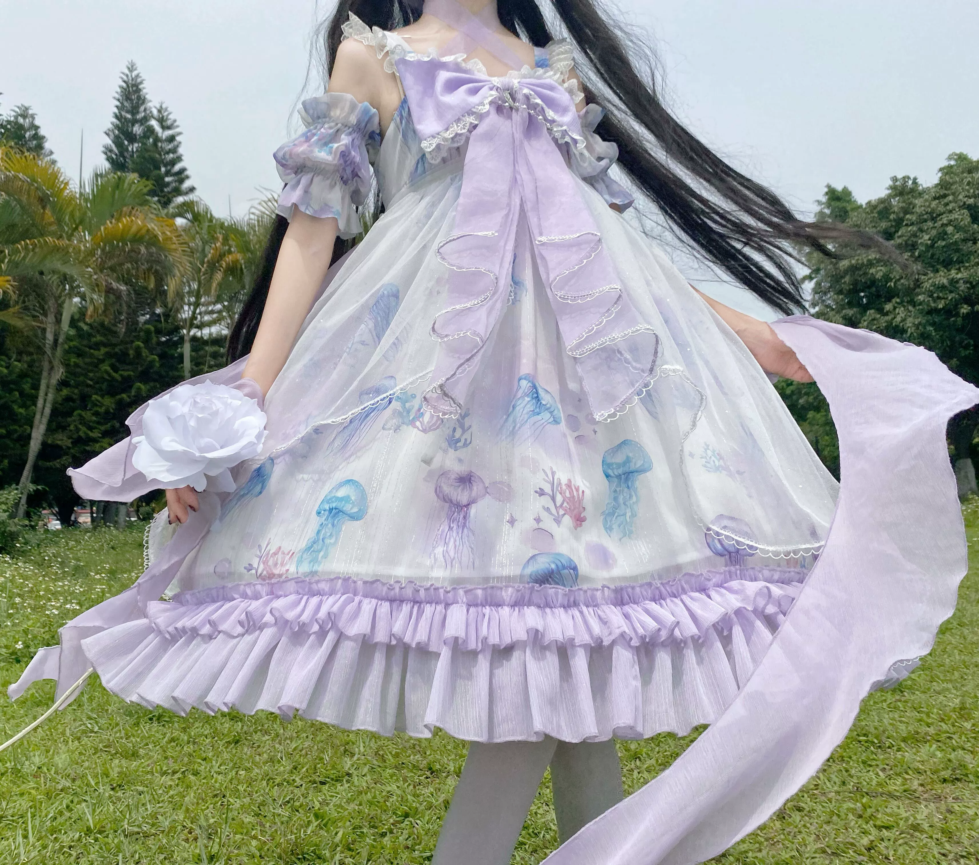 Coral Jellyfish - Sweet Lolita High-waist JSK Dress, Jellyfish & Coral Print - Image 9